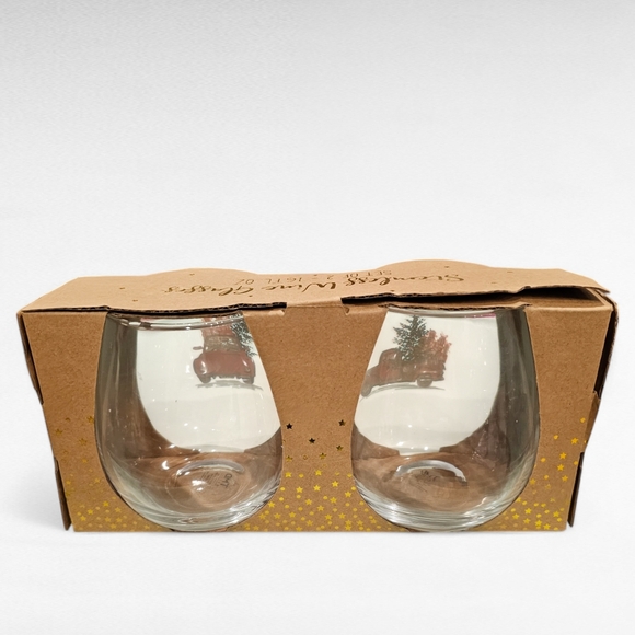 Set of 2 Stemless Wine Glasses Red Vintage Truck 16 FL OZ - Picture 2 of 6